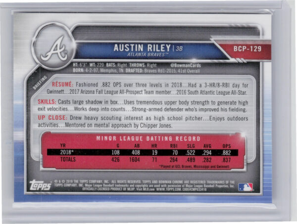 2019 Bowman Austin Riley SN250 #BCP-129 Braves Chrome Prospects Mojo Refractors - Image 3