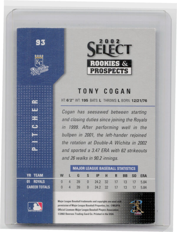 2002 Select Rookies & Prospects Tony Cogan AU #93 Royals - Image 3