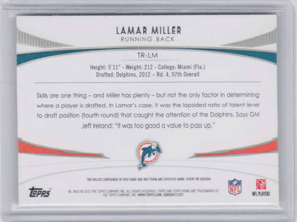 2012 Topps Prime (Hobby) Lamar Miller SN194 MEM #TR-LM Dolphins Triple Relics - Image 3