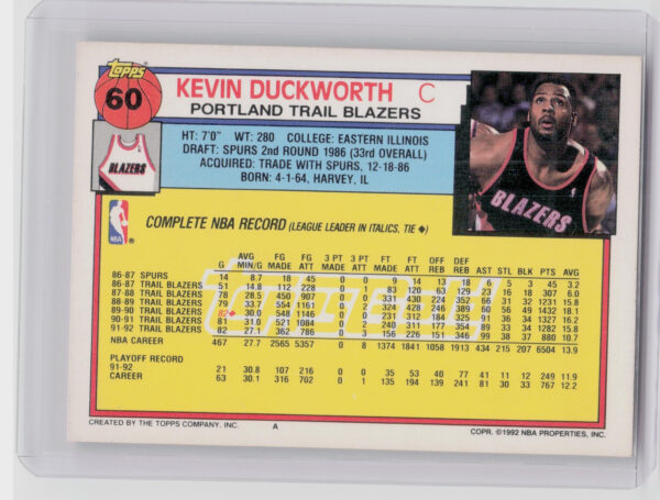 1992-93 Topps Kevin Duckworth Gold #60 Blazers - Image 3