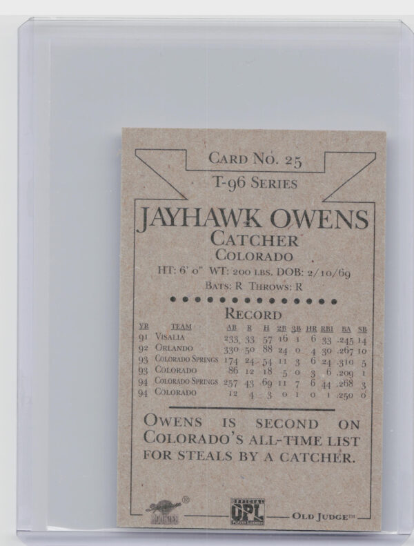 1996 Signature Rookies Old Judge Jayhawk Owens AU SN6000 #25 Sox Signatures - Image 3