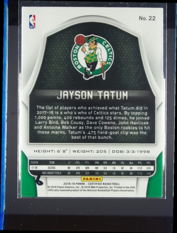 2018-19 Panini Certified Jayson Tatum Red SN299 #22 Celtics - Image 3