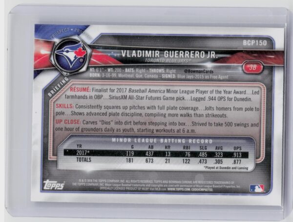 2018 Bowman Vladimir Guerrero Jr. #BCP150 Jays Chrome Prospects Mojo Refractor - Image 3