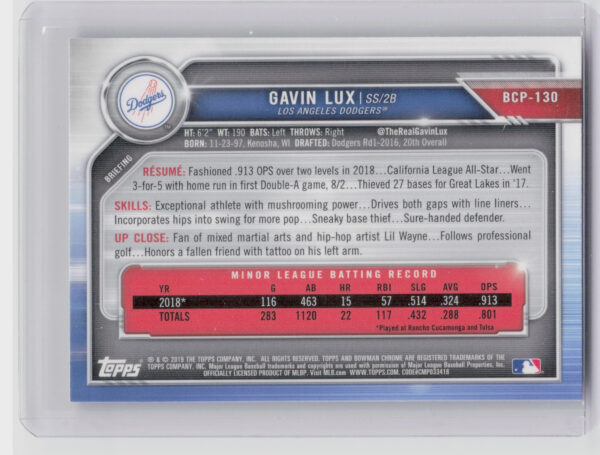 2019 Bowman Gavin Lux #BCP-130 Dodgers Chrome Prospects Mojo Refractors - Image 3