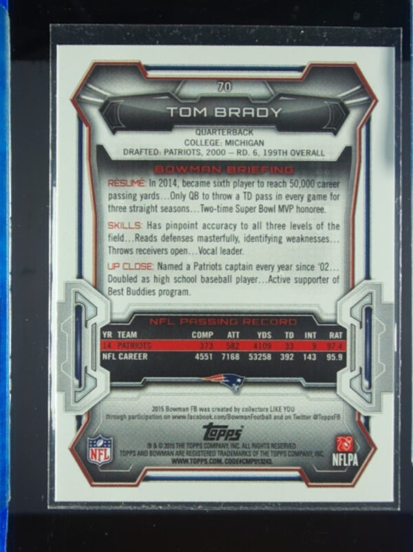 2015 Bowman Tom Brady Veterans Rainbow Black #70 Patriots - Image 3