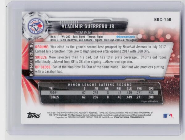 2017 Bowman Draft Vladimir Guerrero Jr. Chrome #BDC-150 Jays - Image 3