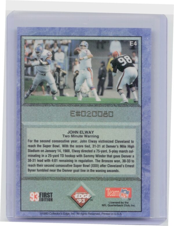 1993 Collector's Edge John Elway #E4 Broncos John Elway Two Minute Warning - Image 3