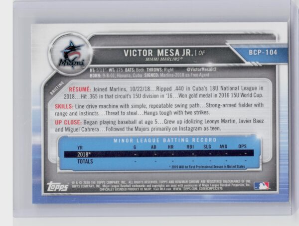 2019 Bowman Victor Mesa Jr. #BCP-104 Marlins Chrome Prospects - Image 3