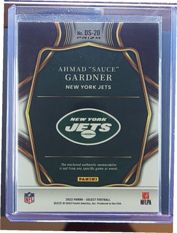 2022 Panini Select Ahmad Gardner MEM #DS-20 Jets Draft Selections Memorabilia Re - Image 3