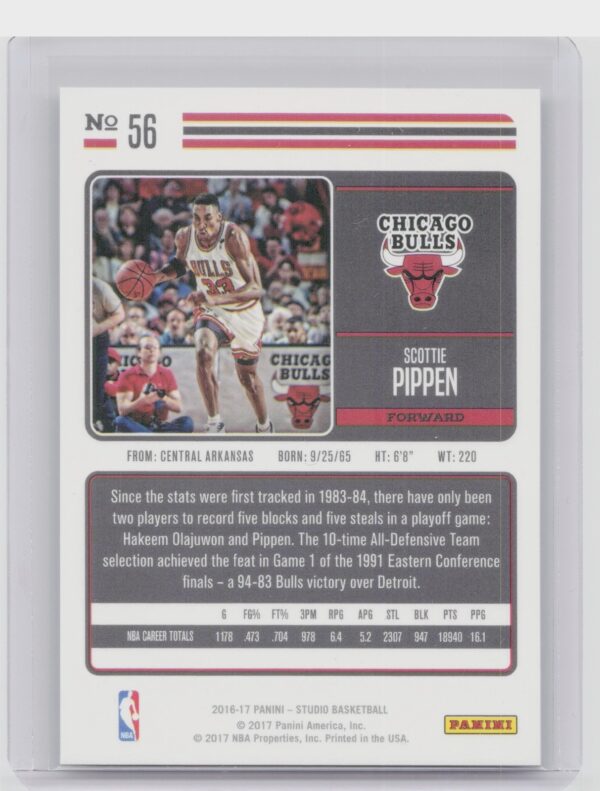 2016-17 Panini Studio Scottie Pippen #56 Bulls - Image 3