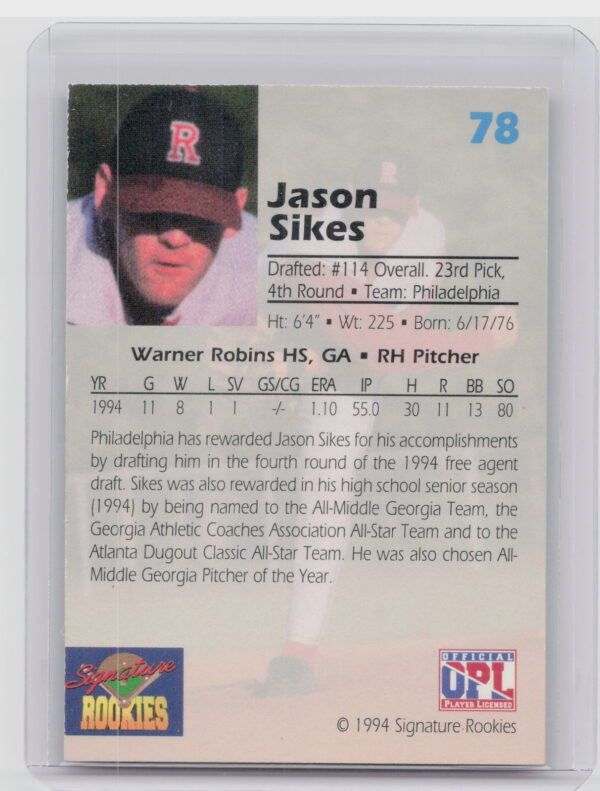 1994 Signature Rookies Draft Picks Jason Sikes AU SN7750 #78 Phillies Signatures - Image 3