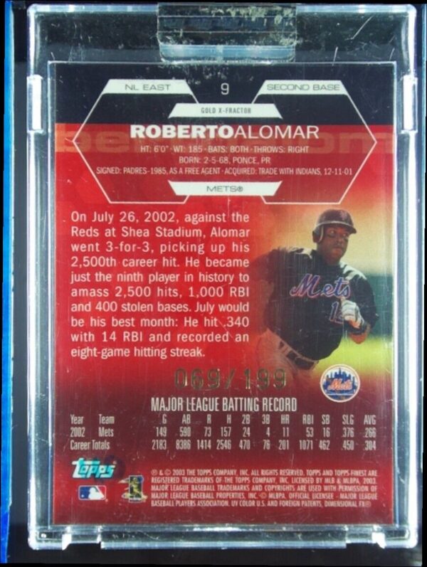 2003 Finest Roberto Alomar SN199 #9 Mets Uncirculated Gold X Fractors - Image 3