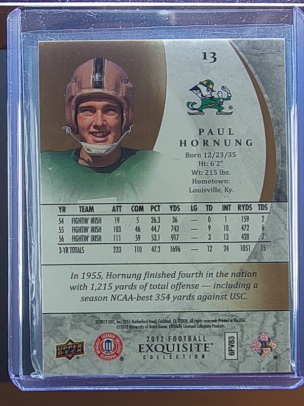 2012 Upper Deck Exquisite Collection Paul Hornung SN85 #13 Irish - Image 3