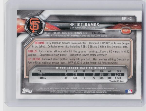 2018 Bowman Heliot Ramos #BP143 Giants Prospects Camo - Image 3