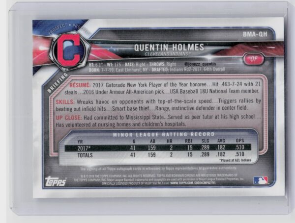 2018 Bowman Quentin Holmes AU #BMA-QH Indians Chrome Mega Autographs - Image 3