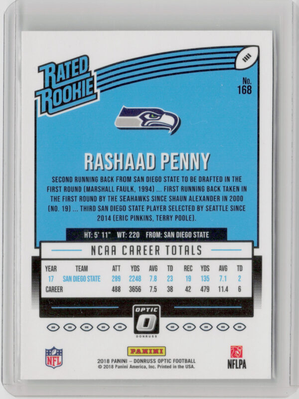 2018 Donruss Optic Rashaad Penny RC #168 Seahawks - Image 3