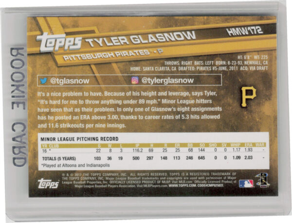 2017 Topps Holiday Tyler Glasnow RC #HMW172 Pirates - Image 3