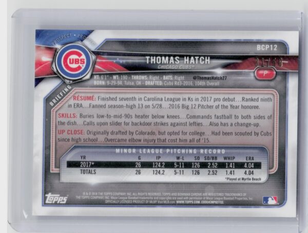 2018 Bowman Thomas Hatch /50 #BCP12 Cubs Chrome Prospects Mojo Refractor Gold - Image 3