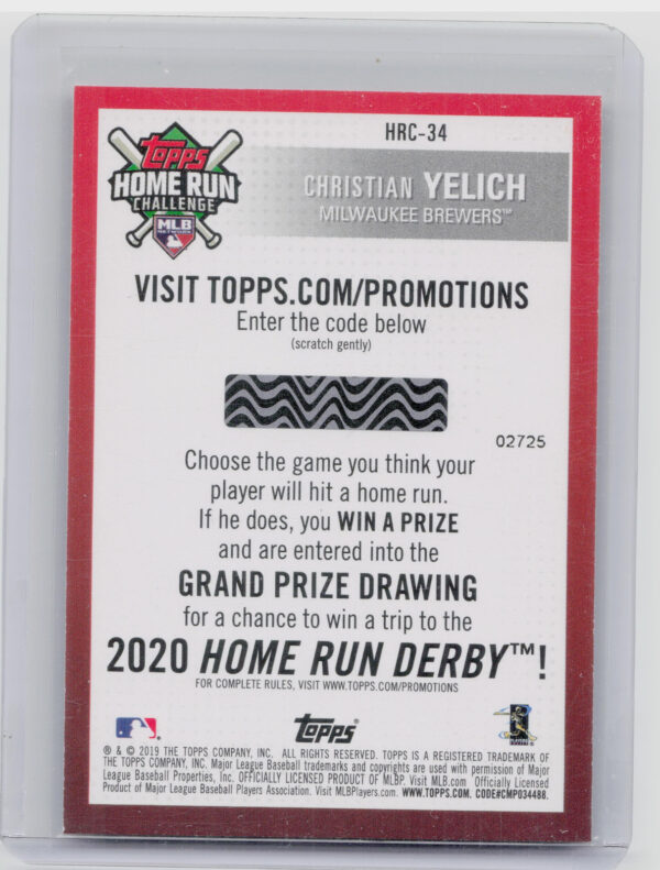 2019 Topps Christian Yelich #HRC-34 Brewers Home Run Challenge Codes - Image 3
