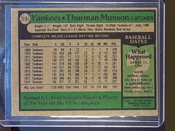1979 Topps Thurman Munson #310 Yankees - Image 3