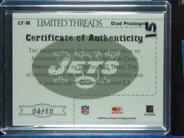 2004 Leaf Limited Chad Pennington SN10 MEM #LT-18 Jets Threads Jersey Numbers - Image 3
