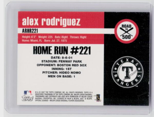 2007 Topps Alex Rodriguez #ARHR221 Rangers Alex Rodriguez: Road to 500 - Image 3