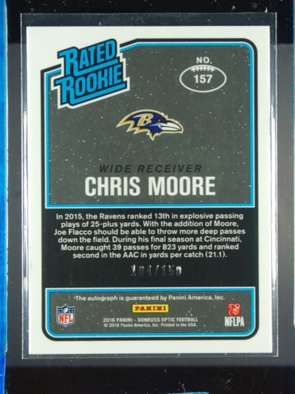 2016 Donruss Optic Chris Moore #157 Ravens Rated Rookies Autograph - Image 3