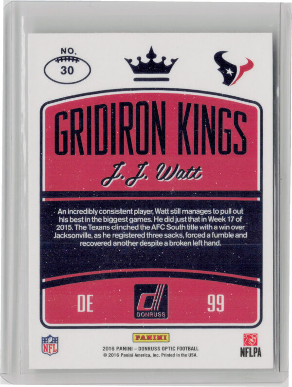 2016 Donruss Optic J.J. Watt #30 Texans Gridiron Kings - Image 3