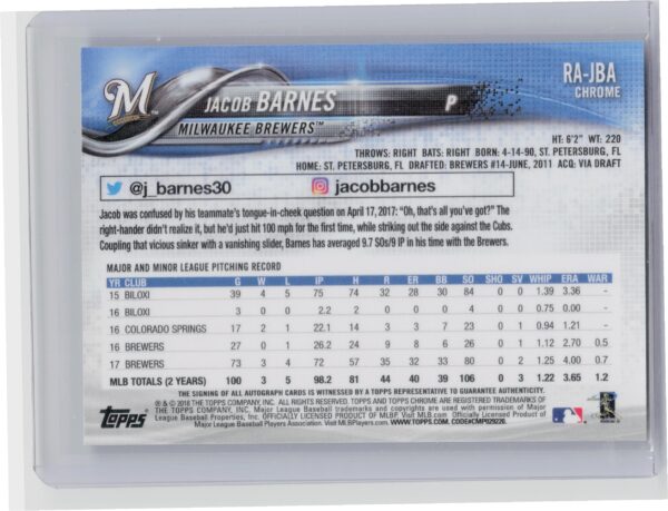 2018 Topps Chrome Jacob Barnes AU #RA-JBA Brewers Rookie Autographs - Image 3