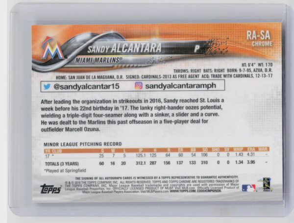 2018 Topps Chrome Sandy Alcantara AU #RA-SA Marlins Rookie Autographs - Image 3