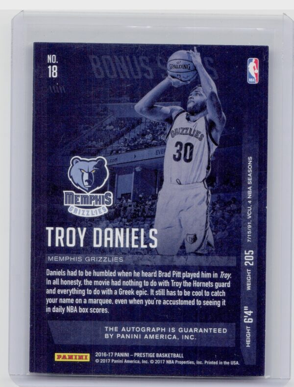 2016-17 Panini Prestige Troy Daniels AU #18 Grizzlies Bonus Shots Signatures - Image 3