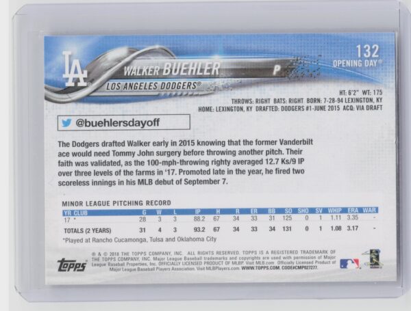 2018 Topps Opening Day Walker Buehler RC #132 Dodgers - Image 3