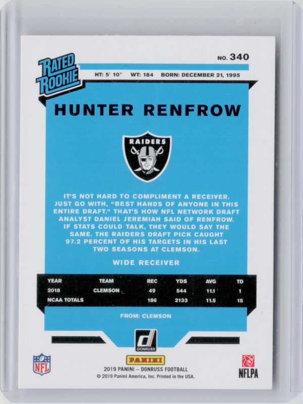 2019 Donruss Hunter Renfrow RC #340 Raiders - Image 3