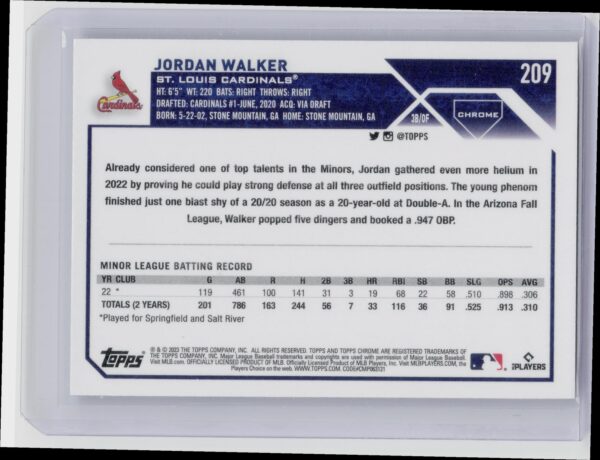 2023 Topps Chrome Jordan Walker RC #209 Cardinals - Image 3